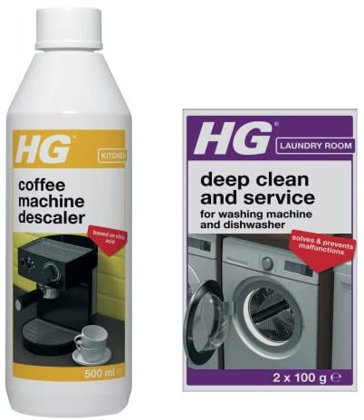 HG Coffee Machine Descaler, Prevents Blockages, Biodegradable & Odourless Citric Acid Formula - 500ml + HG Deep Clean for Washing Machines, Dishwashers & Descaler for Laundry & More, 2 x 100g