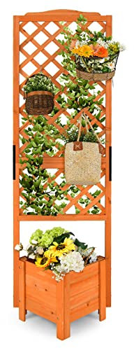 COSTWAY Blumenkasten mit Rankgitter aus Holz, Pflanzkasten für Kletterpflanzen, Hochbeet mit Spalier & Drainageloch, Blumenkübel für Garten Hof Balkon, Gartenspalier Rankkasten, Orange