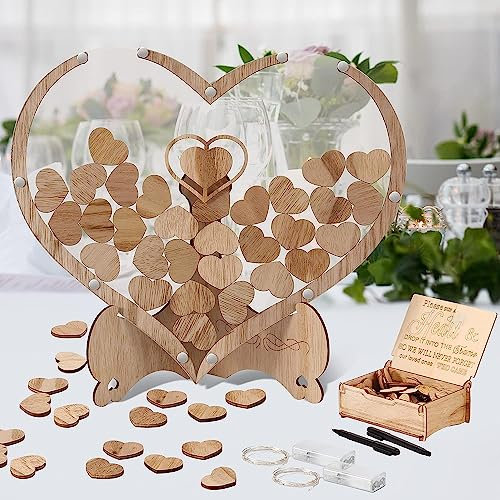Arespark Libro degli Ospiti di Nozze, Set di Decorazioni per Matrimoni a Cuore in Legno, 100 Cuori in Legno, Scatola Portaoggetti, 2 Pennarelli, 2 Barre Luminose, Regalo, Decorazione