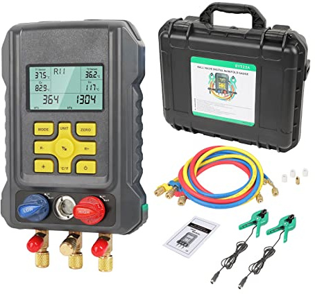 KAISAL Digitale Monteurhilfe Klimaanlage für 93 Arten Kältemittel R410a R32 R22 R1234YF HVAC System Manifold Messgeräte Druck- und Temperaturprüfung Auto AC Kältetechnisches Manometer Vakuum Tester