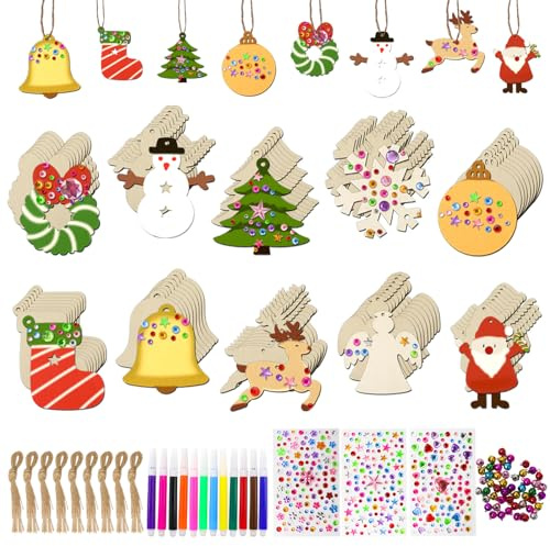Lymshine 100 Stück Weihnachtsbaumschmuck Holz Deko - Holzanhänger Weihnachten Basteln Weihnachtsanhänger Christbaumschmuck Holz Weihnachtsdeko für DIY Malen