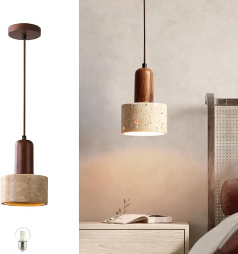 Aeyee Stone Pendant Lamp, Modern Walnut Wood Decoration Hanging Light, Small Yellow Travertine Pendant Lamp for Farmhouse Kitchen Island (A)