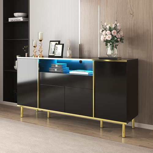 Azkoeesy LED-Sideboard für Wohn- und Esszimmer, Hochglanz schwarz und Gold, Schublade, Türen mit Push-to-Open- und Soft-Close-Funktion, TV-Schrank, Buffetschrank, Moderne Kommode mit goldenen Beinen