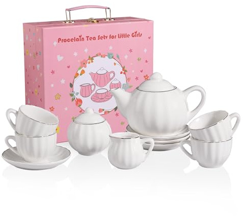 Sweejar Porcelain Toy Tea Sets British Royal Series, Vintage Style Tea Set for Children, Cups & Saucer Service for 4, with Teapot, Sugar Bowl and Cream Pitcher(White)