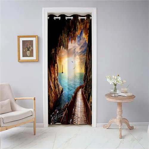Odot Türvorhang Blickdicht mit Ösen, 3D Sonnenuntergang Meer Strand Druck Verdunkelung Isolierter Gardinen, Raumteiler Vorhang für Fenster Tür Schlafzimmer Schrank, Dekoration (80x180cm,Stil J)