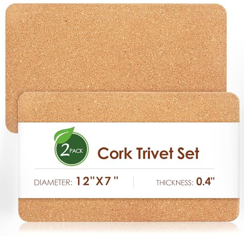 Rectangle Cork Trivets for Hot Dishes, 12 x 7 High-Density Thick Placemats for Pots and Pans, Heat Resistant Hot Pads for Kitchen Countertop Table, 2 Pcs