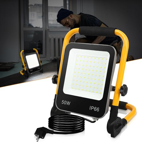 Jopassy 1 faretto LED da costruzione da 50 W, portatile, con 5100 lm, impermeabile IP66, 6000 K, bianco freddo, cavo da 3 m e supporto pieghevole per cantieri, officina e garage