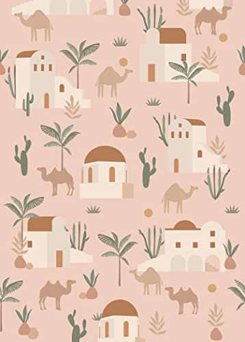 papier peint panoramique chameaux et cactus rose clair, terracotta et vert 200 x 279 cm - ESTAhome