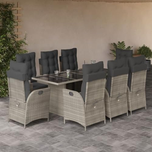 Tidyard 9-TLG.Garten-Essgruppe mit Kissen Terrassenmöbel Set 8 Personen Sitzgruppe Sitzgarnitur Esstisch mit Glas-Tischplatte & 8 Verstellbarer Stuhl Gartenmöbel Set Gartengruppe Hellgrau PE-Rattan