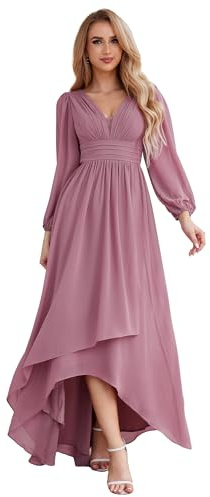 Ever-Pretty Women's Double V-Neck Sheer Long Sleeves High-Low Chiffon A-Line Evening Dresses 02043