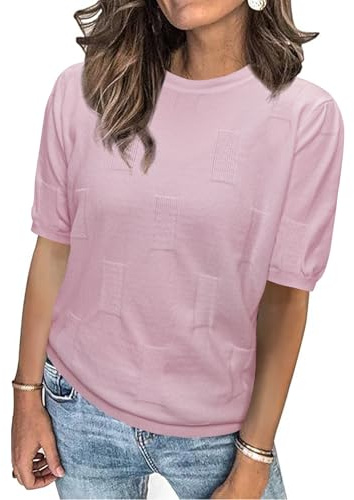 Totatuit Damen Strickpullover Casual Pullover Kurzarm Rundhalsausschnitt Pullover Sweateshirt Rosa M