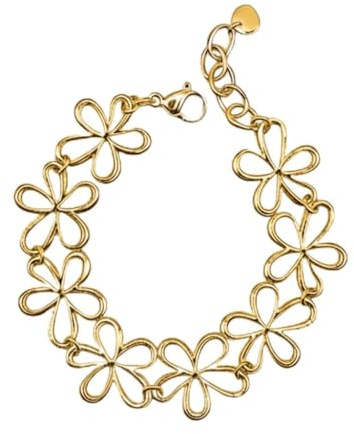 MAJALE Pulsera mujer Dorada de Eslabones en Forma de Flor en Acero Inoxidable - Filigrana de Flores, Hipoalergénica y Resistente al Agua, 18cm + 5cm Extras