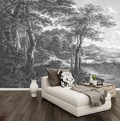 Papier peint peint à la main noir et blanc arbres de la forêt grand autocollant mural pour salon, chambre à coucher, fond TV, décoration de la maison, 400 x 280 cm