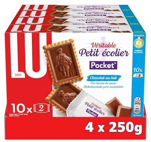 LU - Petit Ecolier Chocolat Lait - Petit Beurre & Tablette de Chocolat au Lait - Idéal Goûter, Petit Déjeuner, Snack - Lot de 4 Paquets Format Pocket de 250 g
