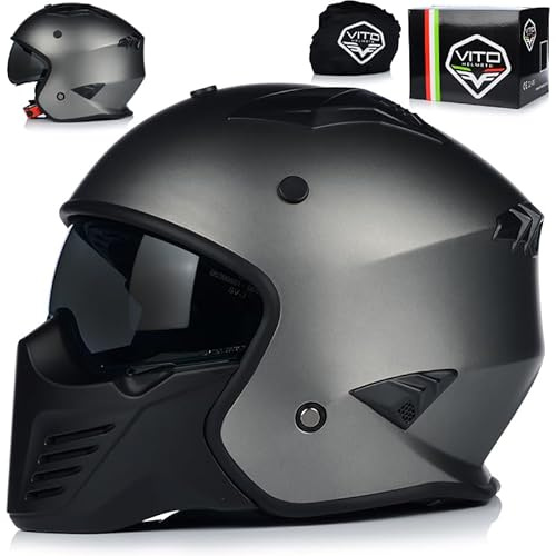 Jet Helm mit Sonnenblende | VITO BRUZANO | Rollerhelm Trial Helm | ECE 22.06 Zertifiziert | Motorradhelm mit abnehmbarem Kinnriemen