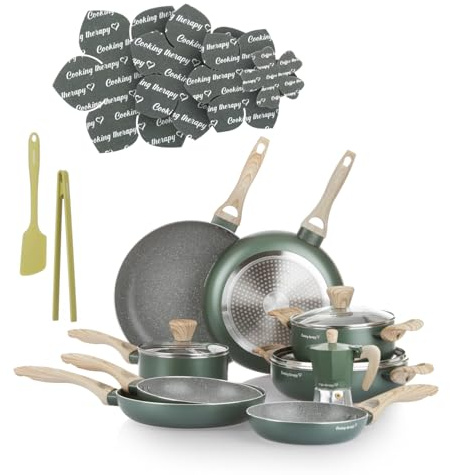 KASANOVA Batería de cocina Cooking Therapy, Set de ollas para inducción y sartenes antiadherentes con espátula, Set completo de cocina con inscripción láser y mangos efecto madera. (18)