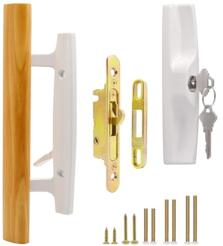 TPard Keyed Sliding Glass Patio Door Handleset with Mortise Lock 45° Keyway | Wood Inside Handles and Zinc Diecast Outside Pull, 3-15/16 Hole Spacing, Non-Handed, White