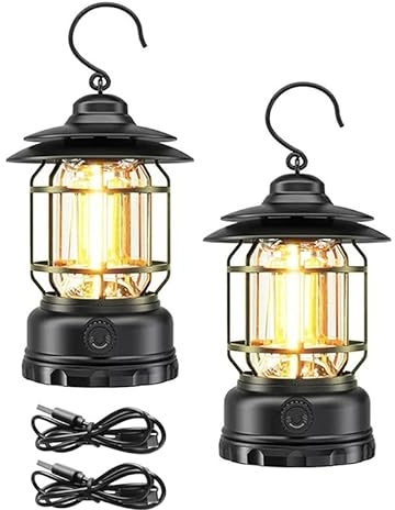 Clearhill 2-pack uppladdningsbara campinglyktor, bärbar LED-tältlampa med steglös dimning, vattentät vintage design, 360° belysning, USB-C snabbladdning, inomhus- och utomhusdekor