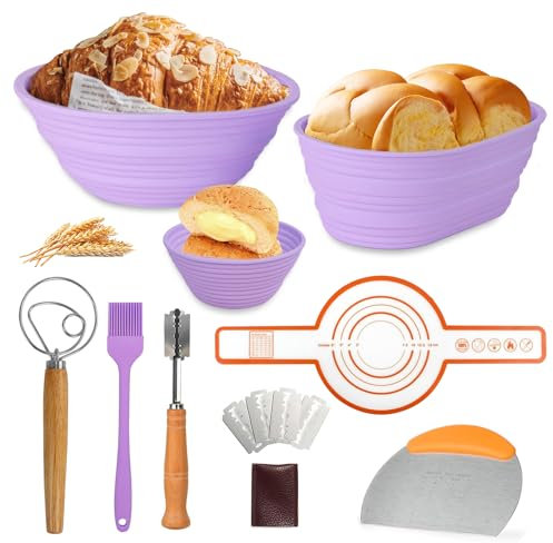 Bread Proofing Basket Set,Bread Making Accessories with 9 Inch Round&10 Oval Foldable Silicone Sourdough Bread Tools Kit,Scraper Danish Dough Whisk,Bread Sling Lame,Oil Brush for Home Cooking Kitchen