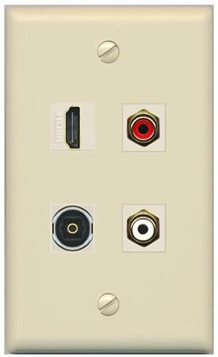 RiteAV Placa de pared óptica Toslink de 2 puertos RCA (rojo-blanco) 1 HDMI Toslink, plana [marfil/marfil]