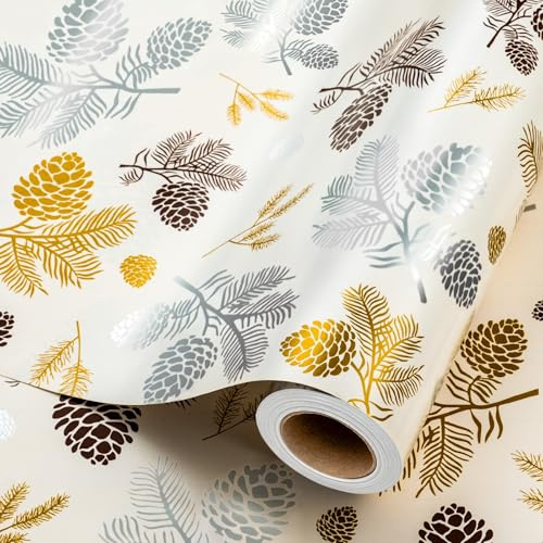 Wikadlik Weihnachts-Geschenkpapierrolle, 43 cm x 10 m, eleganter Tannenzapfen mit Gitter-Schnittlinien, Geschenkpapier für Feiertage, Winter, Party-Feier, DIY-Basteln