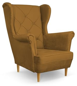 COMFORTINO FURNITURE Ohrensessel Sessel Bello - Sessel mit Armlehnen - Retro Stuhl aus Stoff mit Holz Füßen - Polsterstuhl für Wohnzimmer Armlehnensessel Relaxsessel Loungesessel (Gold)