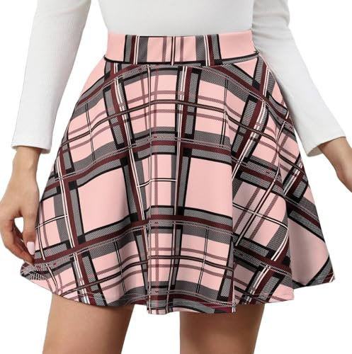 Zeagoo Gonna da donna Basic Solid Mini Skater Estate Gonna Corta Versatile Elastico a Vita Alta Linea A Gonna Tennis Gonna Danza, Rosa a quadretti, M