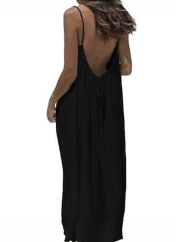 D.Yi Backless Dress Sunshine Grove Midi Summer Dress Womens Summer Casual Sleeveless Dresses for Beach 2025 Vacation V Neck Tshirt Spaghetti Strap Loose Fit Sundress Black