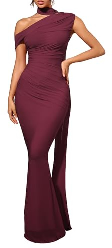 CurvySweet Women's One Shoulder Formal Evening Gown Built-in Bra Ribbon Elegant Bodycon Mesh Ruched Maxi Dress Large Burgundy