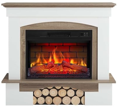 ArtiFlame Elektrokamin Woodley AF23BS Ziegeleffekt Weiß mit LED-Flammeneffekt, Heizung bis 30 m², Fernbedienung, realistisches Design, energiesparend, freistehend, Graue Eiche
