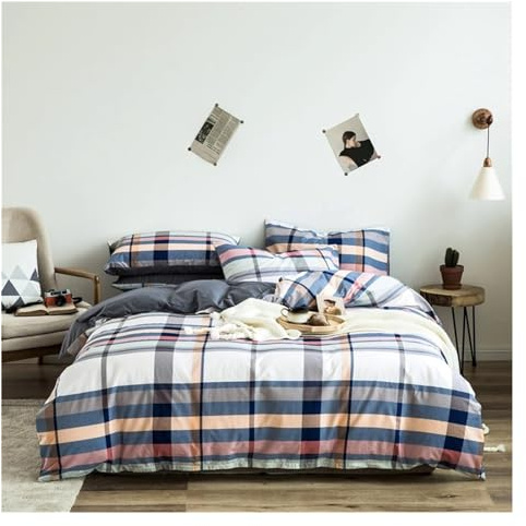 JQQJZLC Cama Conjuntos de Cuatro Piezas, Juegos de Cama de algodón de algodón Twin King King Camino Cubierta Sábanas de Cama/Hoja Ajustada Conjunto de Cama a Cuadros Negros (C, tamaño Completo 4pcs)