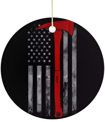 Firefighter Axe Red Line Flag Christmas Ornament Round Ceramic Christmas Tree Ornaments Hanging Fireplace Ornament Round Christmas Pendant for Party Festival Family Restaurant