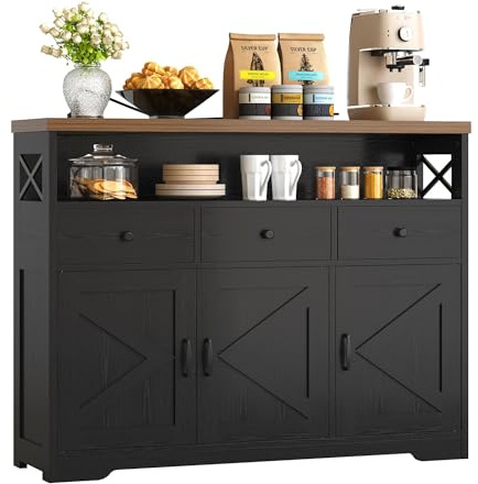 IRONCK Sideboard, Kitchen Cabinet with Power Outlets 2AC+1USB+1C, Storage Cupboard 3 Drawers 3 Doors, Buffet Table for Living Room,Kitchen,Hallway, Dining Room, Adjustable Shelves, 107x35x95cm (Black)