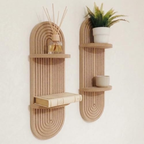LeoHome Wandregal Eichen- Optik & Wanddeko Holz - Ovales Wandboard Gerillt (70x20 cm) - Modernes Hängeregal für Wohnzimmer und Flur - Japandi Stil, Lamellenoptik Zimmer Deko (2er Set)