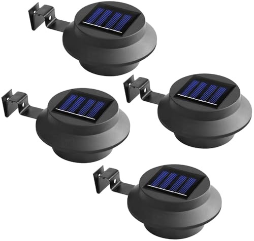 Livhome Solar Powered LED Fence & Gutter Lights, Super Bright 3 LED Outdoor Lamps with Mounting Brackets, Automatic Dusk to Dawn Weather Resistant Security Lighting No Wiring Required (Black, 4 Pack)
