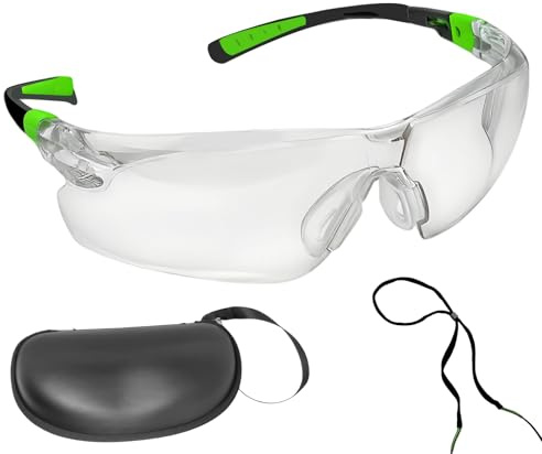Clear Adjustable Safety Glasses for Work, Anti-Fog Anti-Scratch Coating UV Protection Wrap-Around Lenses Non-Slip Grips Safety Glasses With Case and Neck Cord for All-Day Wear– Black/Green Frames