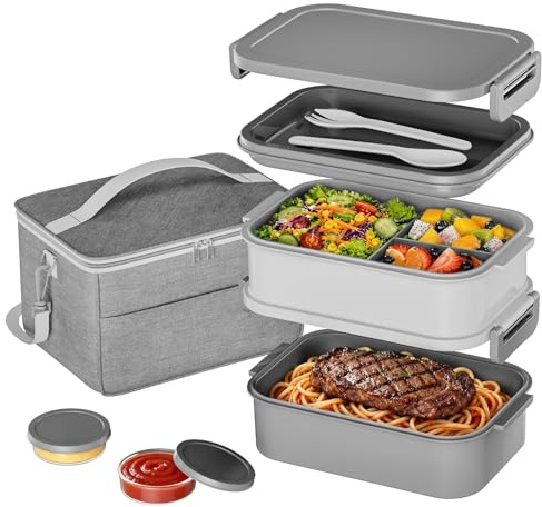 WayEee Lunch Box Adults with Lunch Bag, 2130ml Large Capacity Bento Lunch Box with Compartments,3 Layers Leak-Proof Bento Box with Fork Spoon for Kids Women Men,Office,School(Grey)