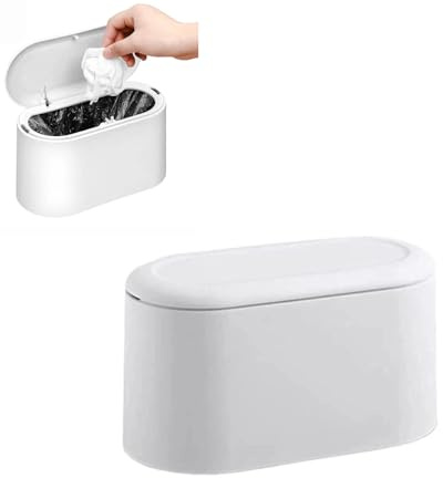 Cubo de Basura de Mesa con Tapa, 1.75L Mini Papelera Escritorio de Resorte | Cubo de Basura Pequeño para Cocina, Dormitorio, Baño, Oficina (Blanco, 22×10×13cm)