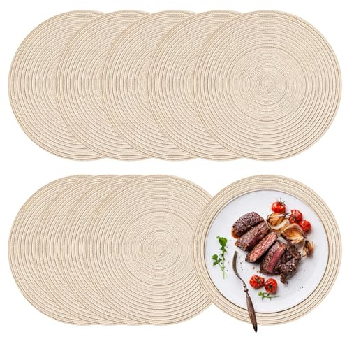10 Stück Tischset Rund Geflochten, 30 cm rutschfest Tischset Platzset Rund Tischsets Beige Platzsets Abwaschbar Untersetzer Teller Abgrifffeste Tischuntersetzer für Küche Hotel Speisetisch