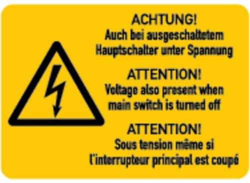 LEMAX® Aufkleber Warnschild, Hauptschalter unter Spannung (3-sprachig) Folie selbstklebend 52x37mm 500 Stk.