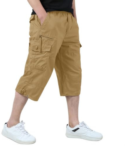 KEFITEVD Cargo Shorts Men 3/4 Length Shorts Long Short Pant Cropped Trouser | Multi pockets, elastic waist, casual work shorts, cotton capri trousers, summer below knee, 15 inch, comfortable, lightweight