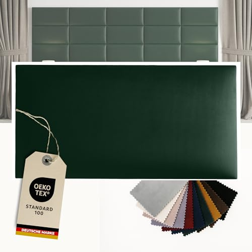softwalls Wandkissen 60x30 cm Samt Dunkelgrün, Extra dick 5cm, Wandpolster zum Kleben od. Bohren, Bett Kopfteil Oeko-Tex, Wandpaneele mit 8mm MDF-Platte, Handgefertigt EU Akustikpaneele, Rückenkissen