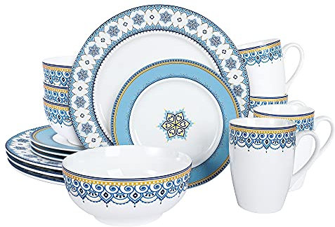 fanquare 16-Teilig Porzellan Kombiservice mit Becher, Tafelservice für 4 Personen, Platten, Schalen mit Wolkenmaserung, Blau