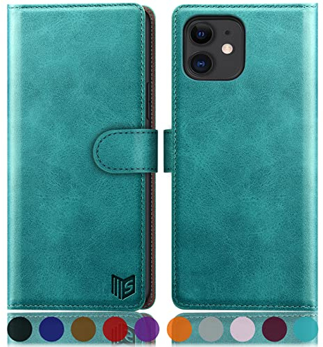 SUANPOT [RFID Schutz für iPhone 11 6,1-Zoll Hülle PU Leder Handyhülle Lederhülle Klapphülle Kartenfach Flip Cover für Apple 11 Handy hülle Leather Wallet Phone Case Blau Grün