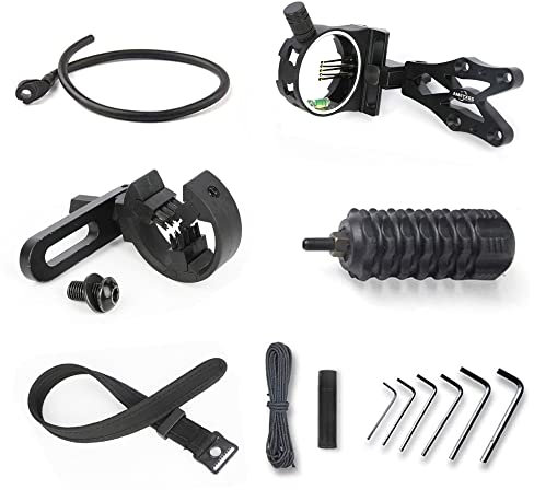 SHARROW Bogenschießen Zubehör Set Compoundbogen Upgrade Combo, Inklusive 5-pin Bogen Visier, Pfeilauflage, Stabilisator, Peep Sight, Bogenschlinge, D-Loop, Saitenwachs, Schraubenschlüssel (Schwarz)