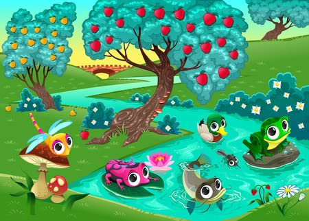 Acryl-Bild 110 x 80 cm: Lustige Tiere an einem Fluss im Wald. Cartoon-Vektor-Illustration.(37391914)