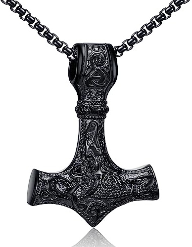 AFSTALR Martillo de Thor Collares Vikingos de Hombre Acero Inoxidable con Martillo de Thor Colgante, Lobo Cadena Nórdico Joyería para Hombre 50/60/70cm, Plata/Oro/Negro