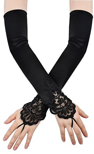 Lange Schwarze Damen Handschuhe - Opern, Spitze, Satin für Hochzeit, Braut, Tanz, Party - Fingerlos, Stretch, Ausgefallen - 1920er Jahre, Weihnachten, Halloween