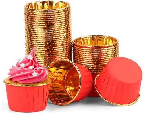 100Pcs Cupcake Cases, Disposable Greaseproof Foil Baking Cups Wrappers, Cake Muffin Liners Case, Standard Paper Baking Cups for Birthday Wedding Holiday Christmas Party Muffins Pastry Molds (Red)