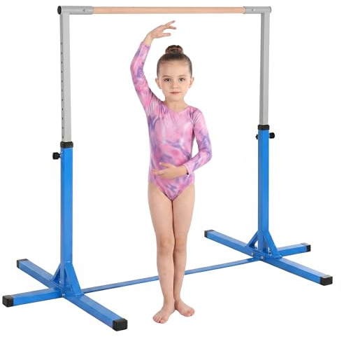 HOMCOM Barre Fixe de Gymnastique pour Enfant, Hauteur Réglable sur 13 Niveaux de 92-150 cm, en Acier et Bois de Hêtre, Barre de Gym d'Entraînement à Domicile, Antidérapant, Facile à Assembler, Bleu